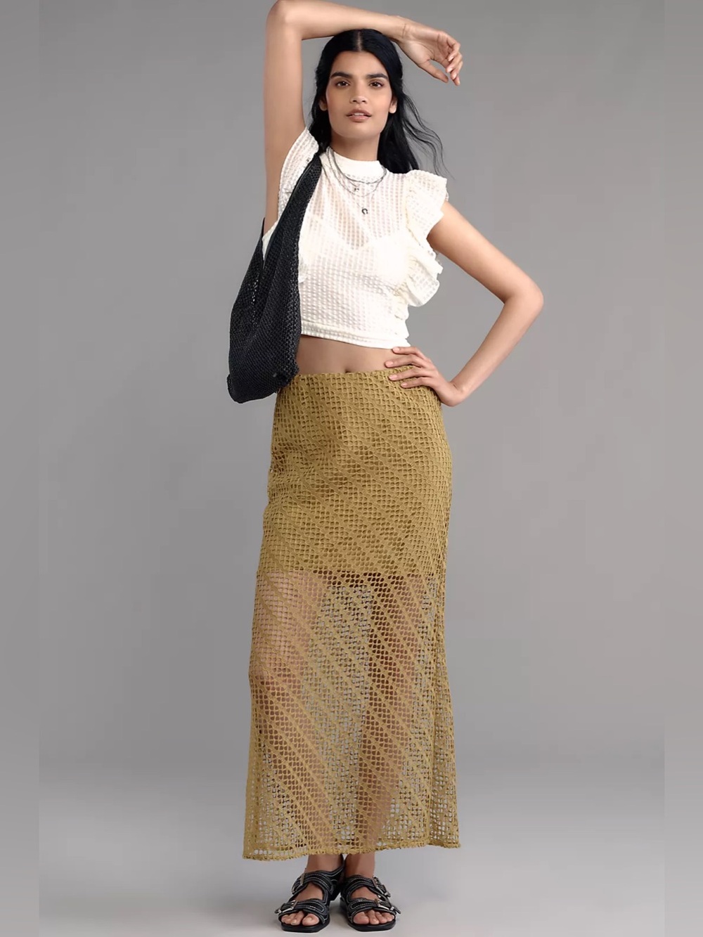 Anthropologie Tilda Maxi Slip Skirt Sheer Textured Net Open Knit Column Elastic